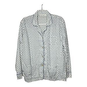 Roller Rabbit Pajama Top Womens Large Button Up White Blue Hearts Cotton Shirt